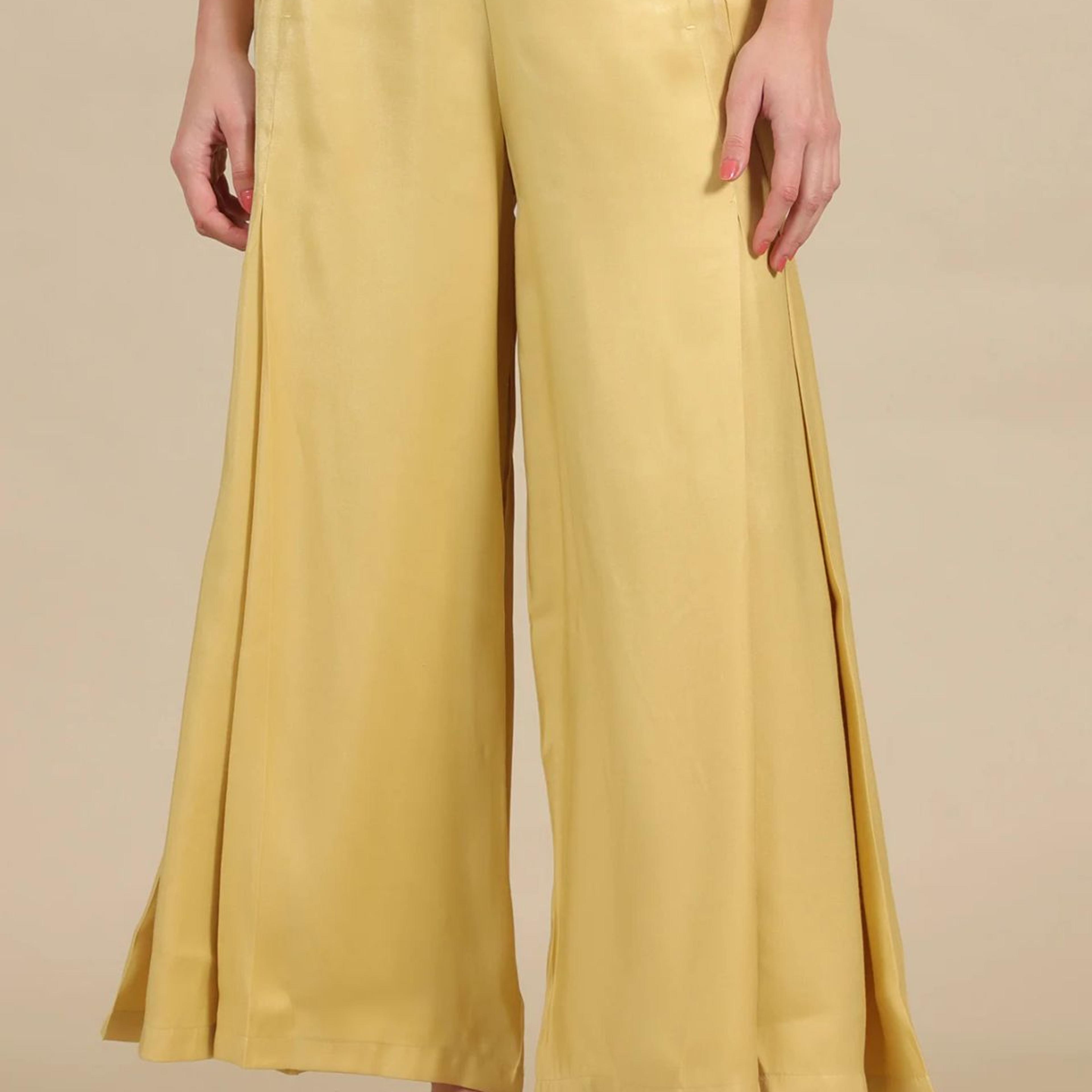 Yellow Solid Flared Rayon Palazzo With Pleats