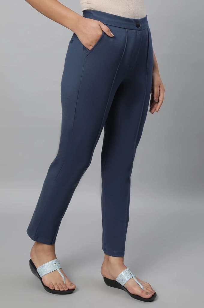 Blue Solid Pintuck Trousers — photo 4
