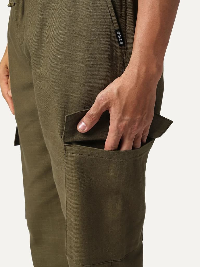 Men's Olive Straight Fit Linen Cargo Pants with 6 Pockets — photo 6