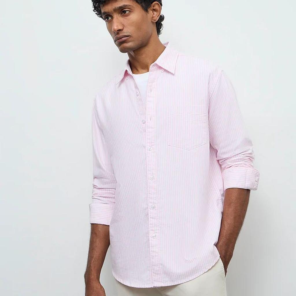 WES Casuals Pink Striped Relaxed-Fit Cotton Shirt