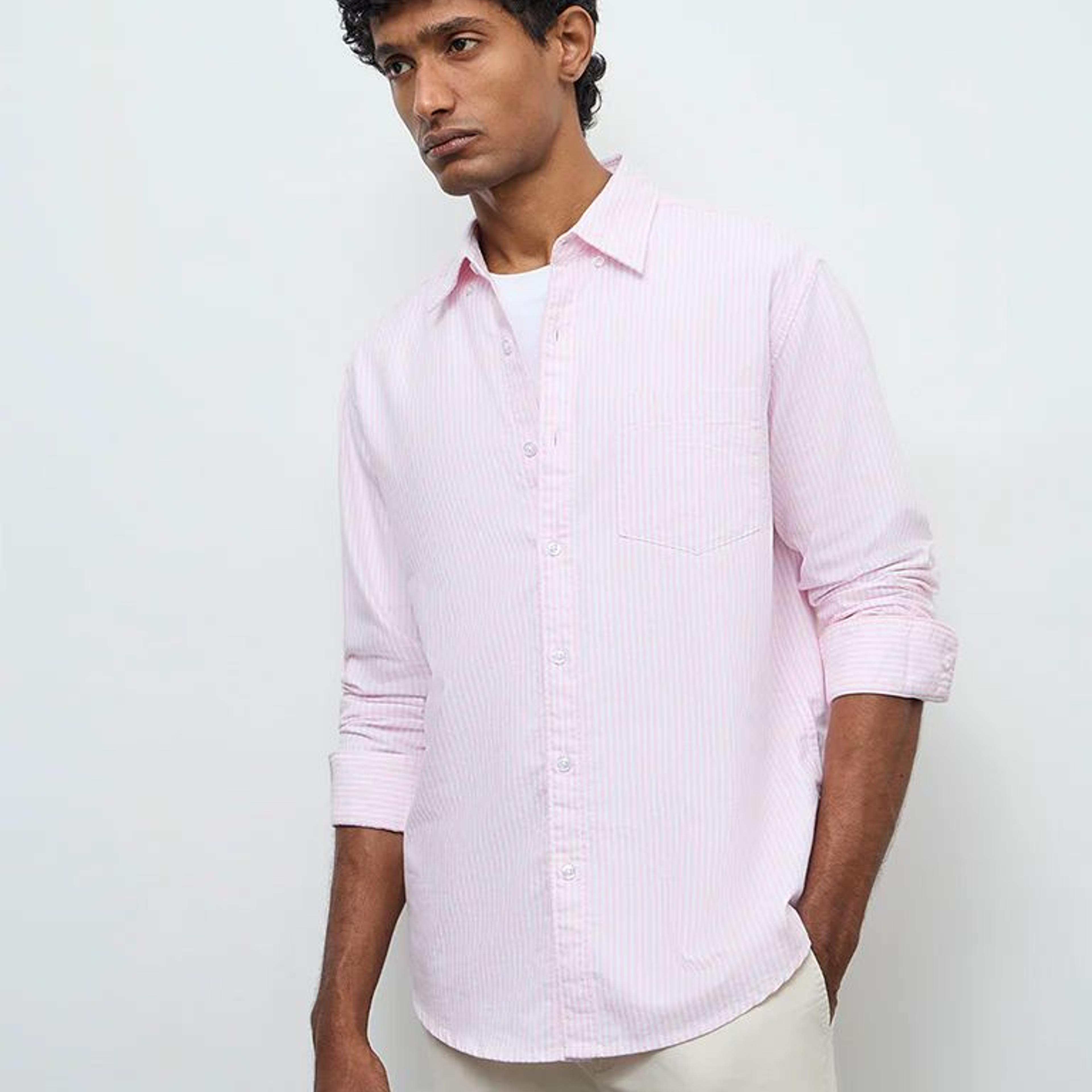 WES Casuals Pink Striped Relaxed-Fit Cotton Shirt