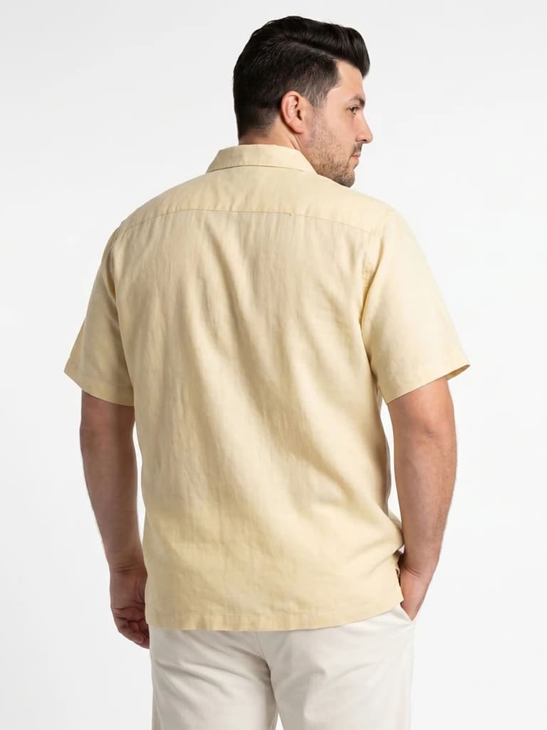 Plus Men's Tender Yellow Linen Half Sleeve Oversized Fit Shirt with Cuban Collar — photo 3