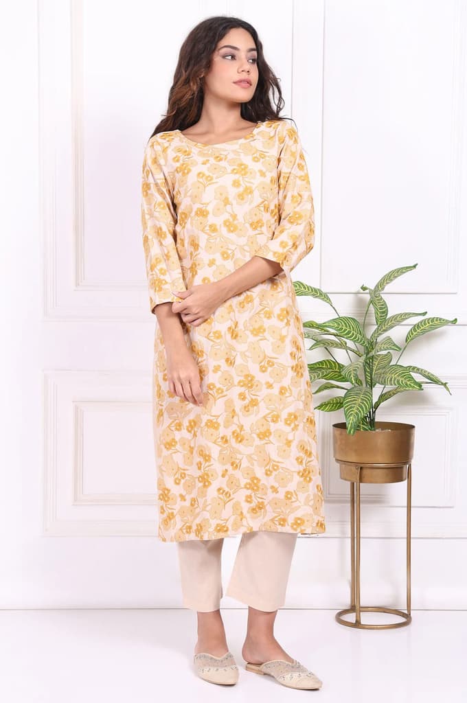 Yellow Floral Embroidered Straight Rayon Kurta and Straight Pant Set — photo 2