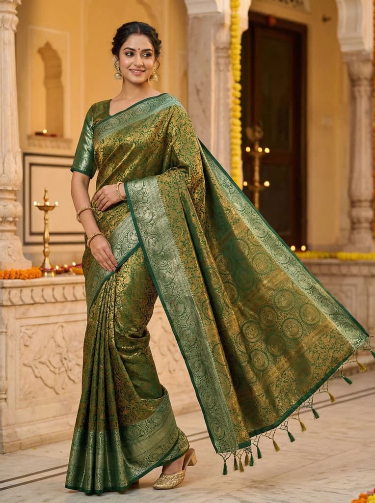 MIMOSA Women's Woven Design Banarasi Style Art Silk Saree with Blouse Piece - Green ( SA00003133GRNFREE ) — Default Title