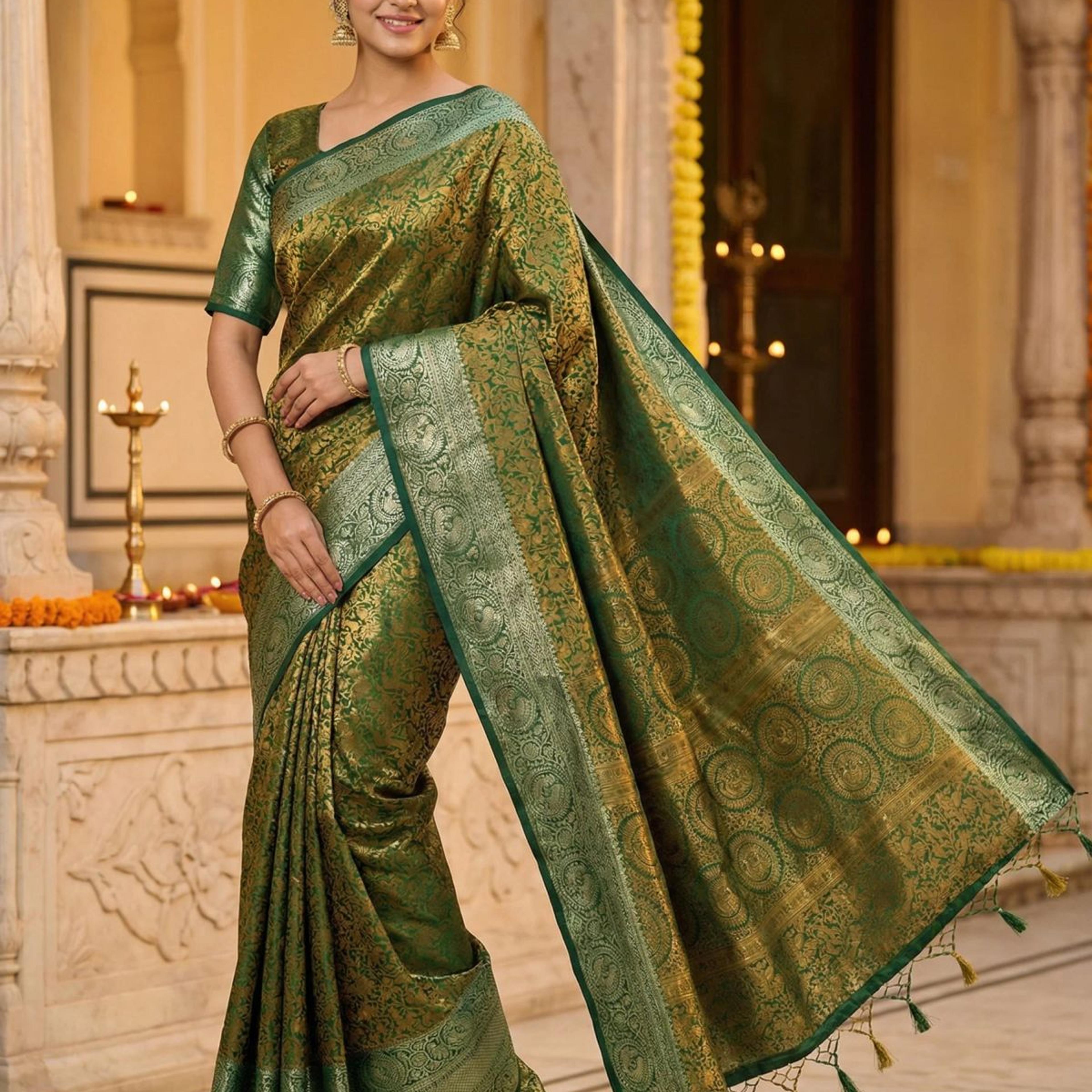 MIMOSA Women's Woven Design Banarasi Style Art Silk Saree with Blouse Piece - Green ( SA00003133GRNFREE )