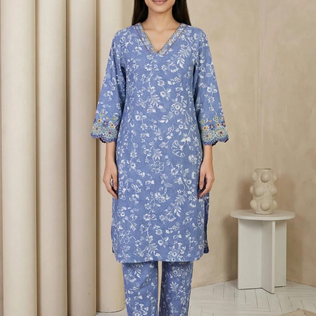 Blue Floral Printed Straight Kurta with Pants Set