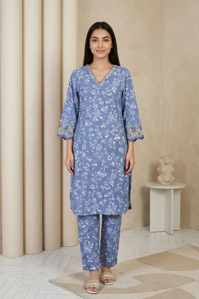 Blue Floral Printed Straight Kurta with Pants Set — XS