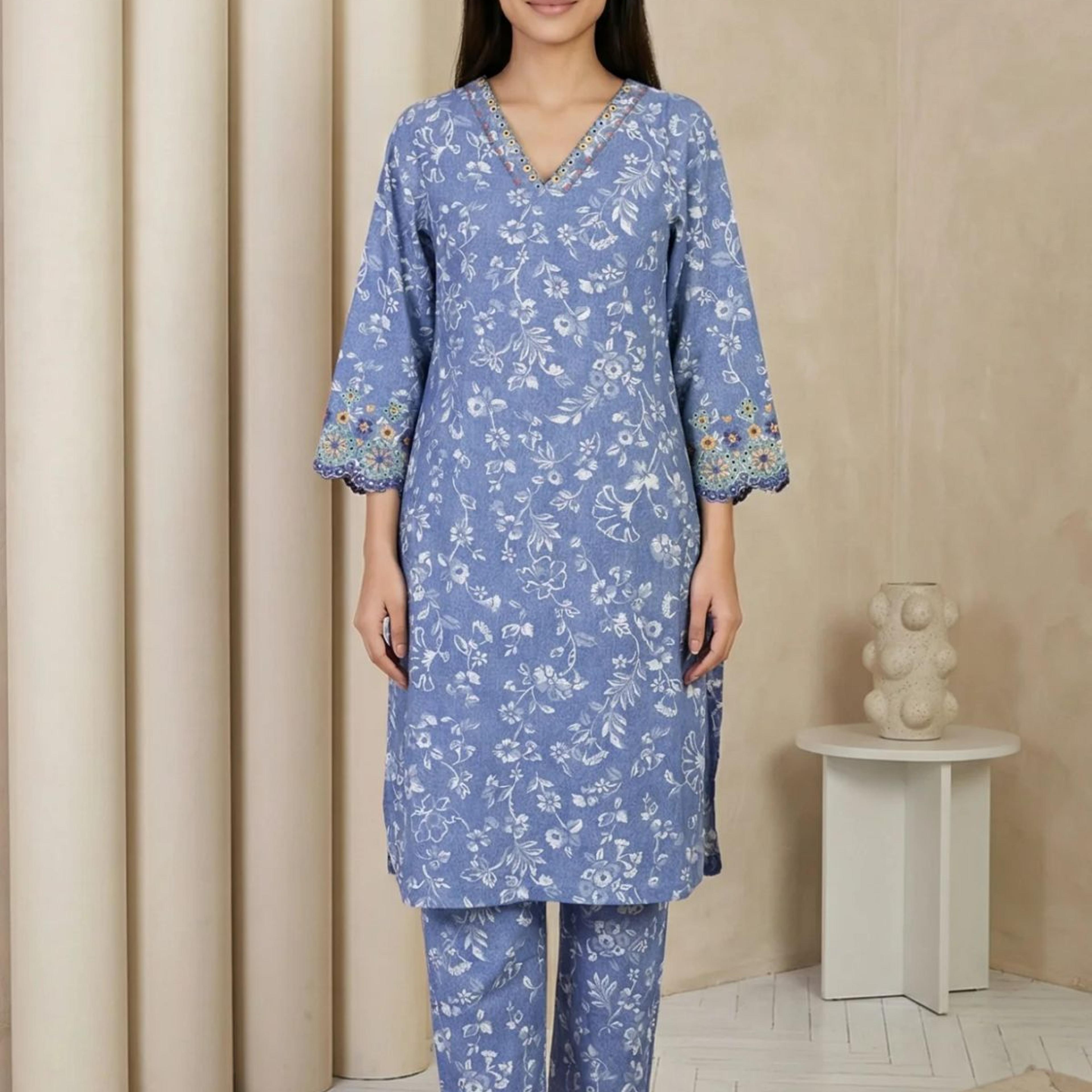 Blue Floral Printed Straight Kurta with Pants Set