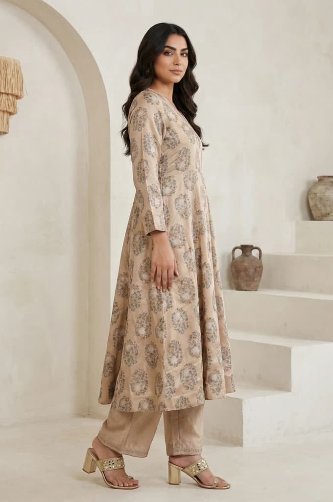 Beige Floral Printed Satin A-line Kurta with Parallel Pants and Dupatta Set — photo 5