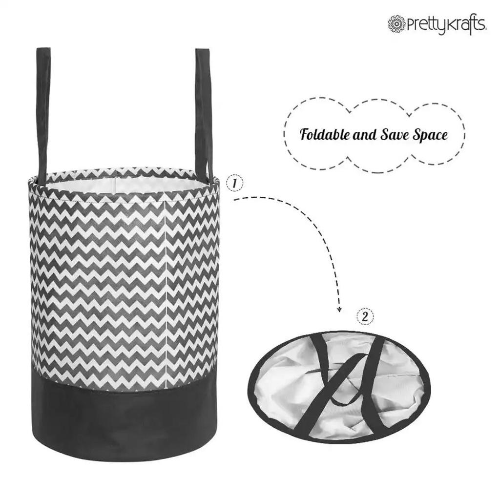 PrettyKrafts 45 Ltr Folding Laundry Basket for Clothes, Set of 1, Black & White