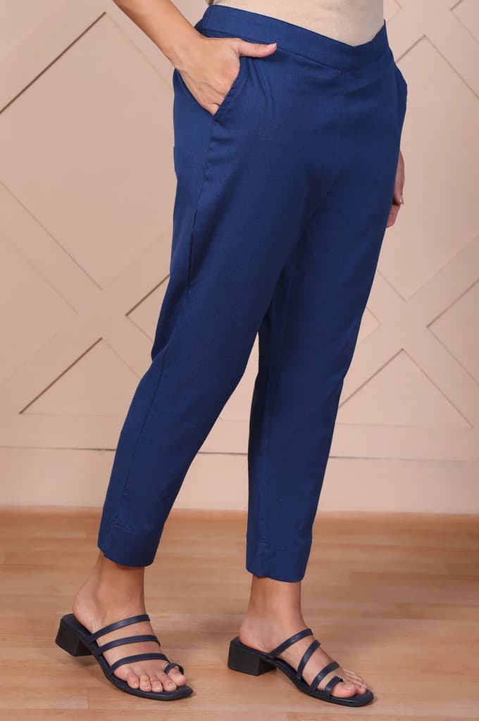 Elleven Women's Blue Solid Cotton Flax Mid Rise Ankle Length Slim Fit Trouser — photo 3