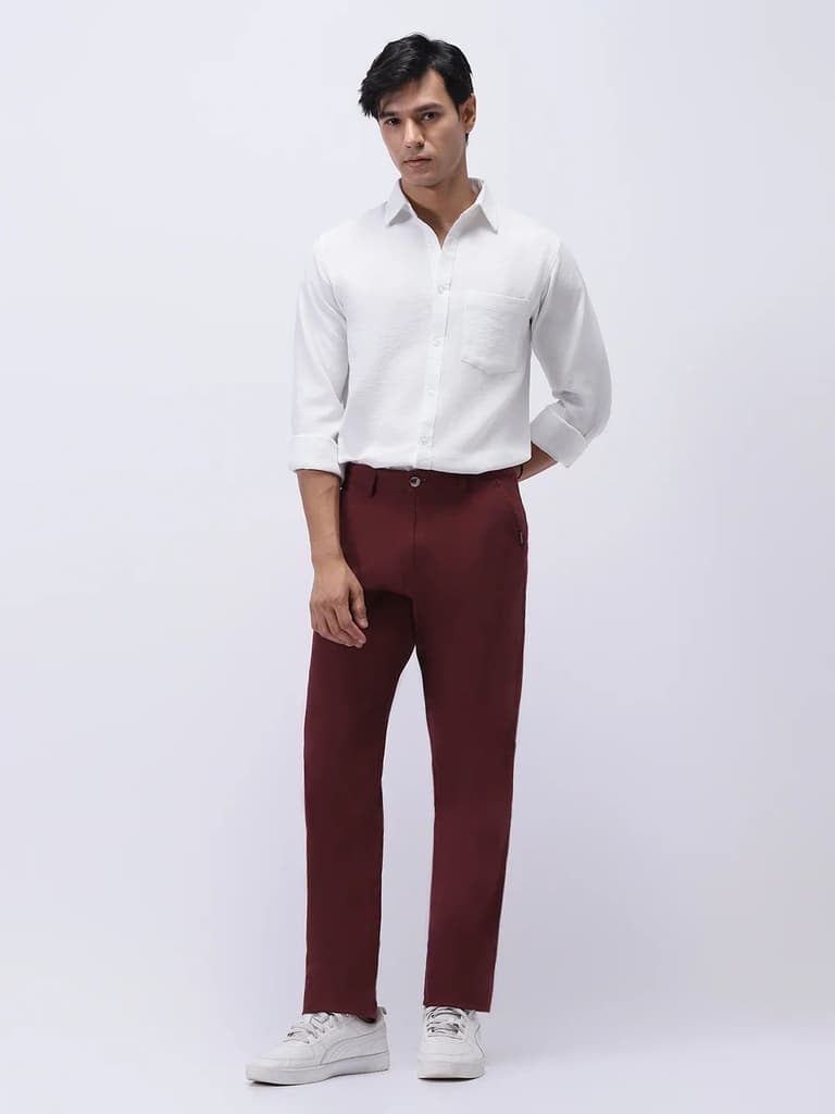 Men's Dark Maroon Cotton Regular Fit Casual Chinos Trousers Stretch — photo 5