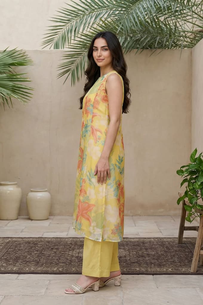 Yellow Floral Printed Straight Kurta with Flared Pant and Dupatta Set — photo 3