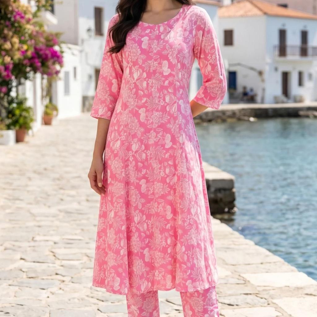 Pink Floral Printed Cotton Flax Flared Kurta