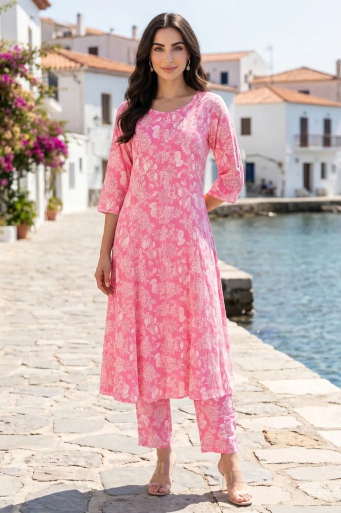 Pink Floral Printed Cotton Flax Flared Kurta — XS