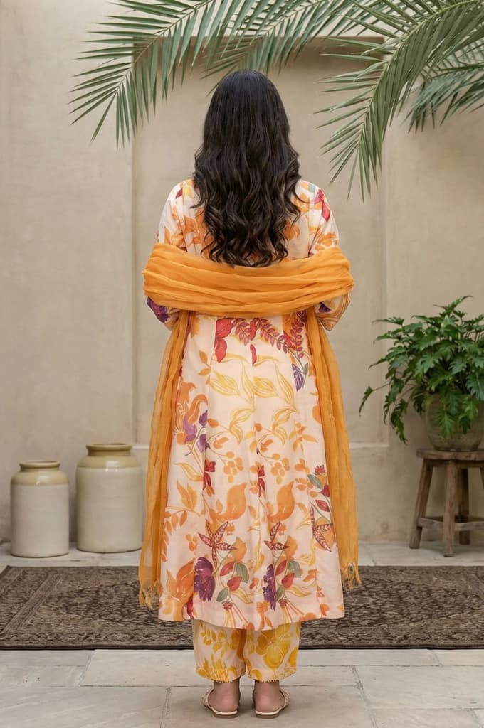 Peach Floral Printed A-Line Kurta with Straight Pant and Dupatta Set — photo 4
