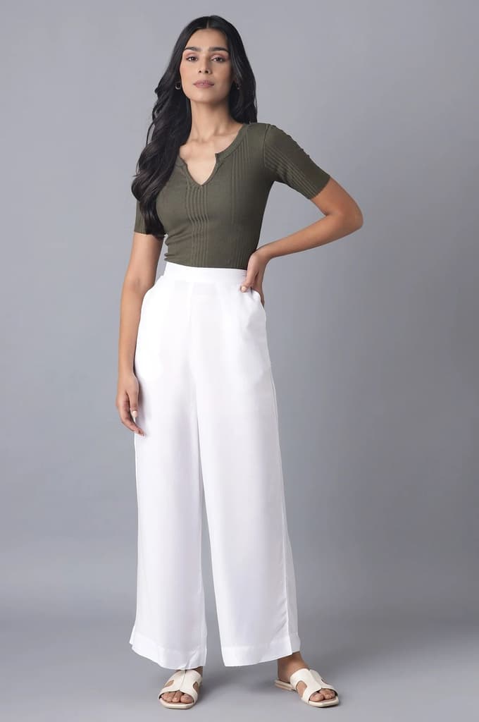 Elleven Women's White Solid Relaxed Fit Ankle Length High Rise Palazzo — photo 5