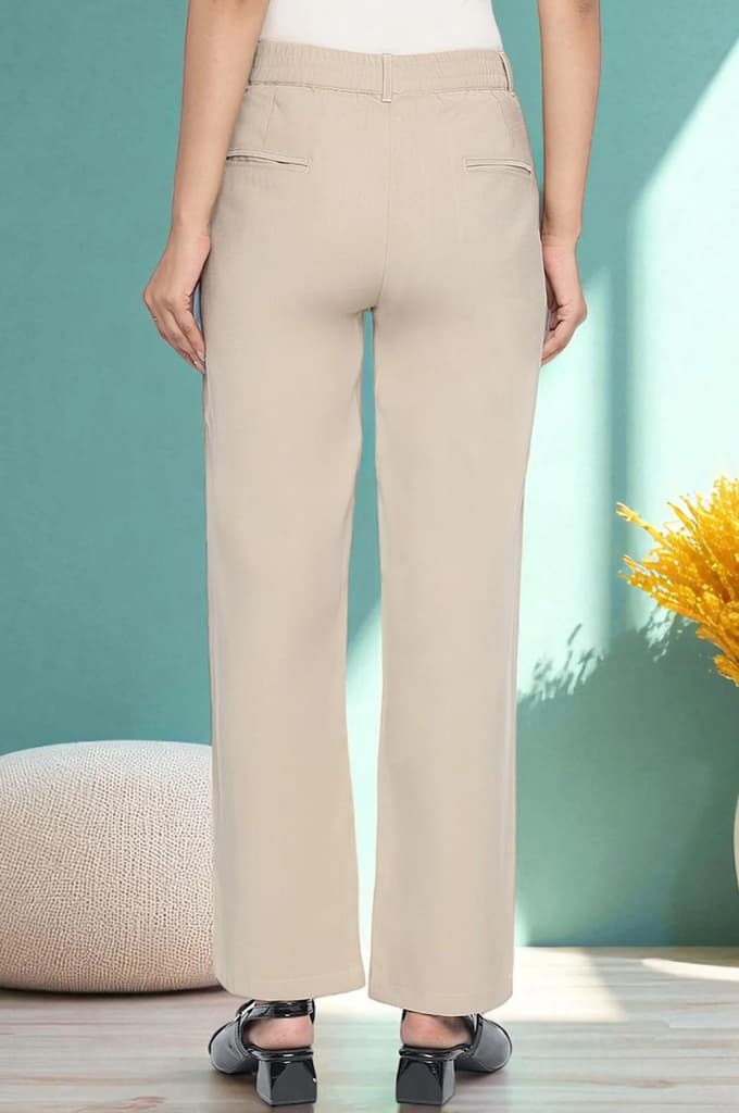 Beige Solid Korea Rayon Twill Pants In Ankle Length with YKK Zipper — photo 4