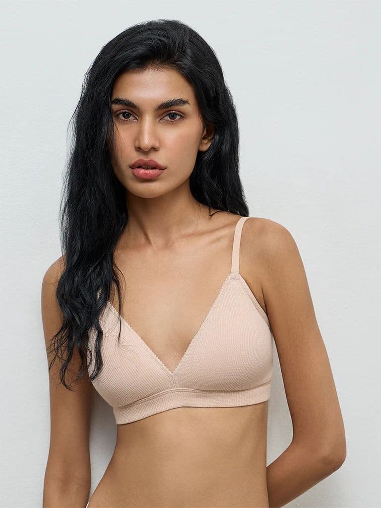 Superstar Light Beige Waffle-Textured Padded Cotton-Blend Bra — photo 2