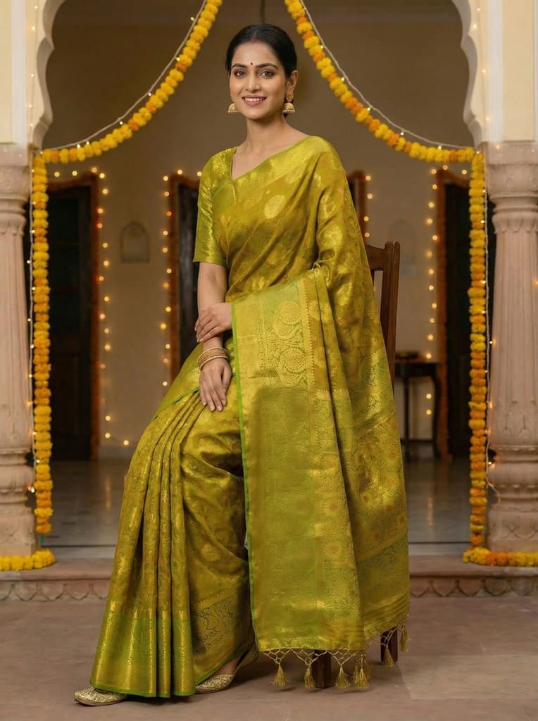 MIMOSA Women's Woven Design Kanjivaram Style Art Silk Saree with Blouse Piece - Olive ( SA00003142OLFREE ) — photo 3