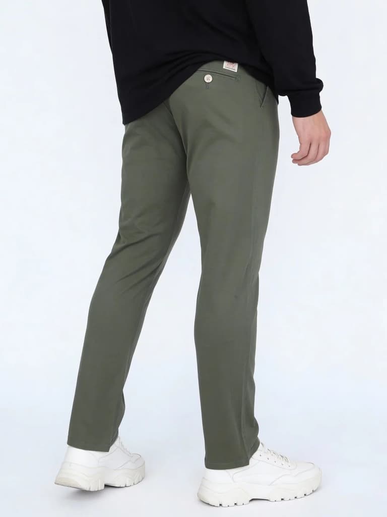 Men's Sage Green Straight Fit Mid Rise Cotton Casual Chinos Trousers Stretch — photo 3