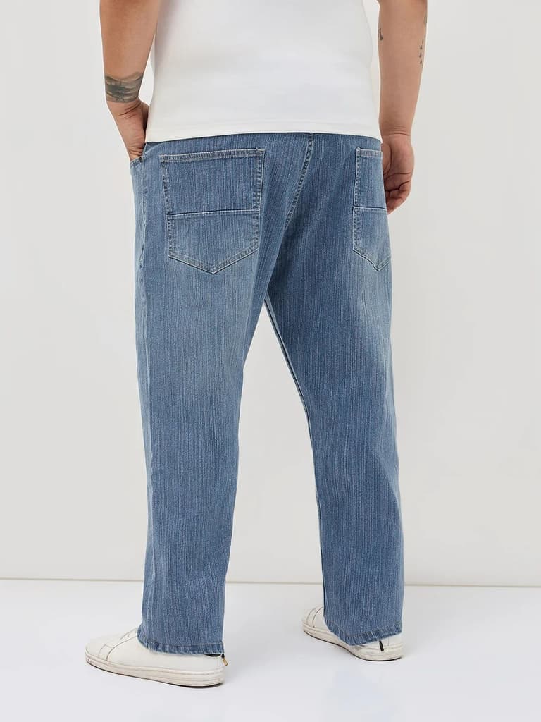 Plus Men's Light Blue Straight Fit Washed Denim Jeans Stretchable — photo 3