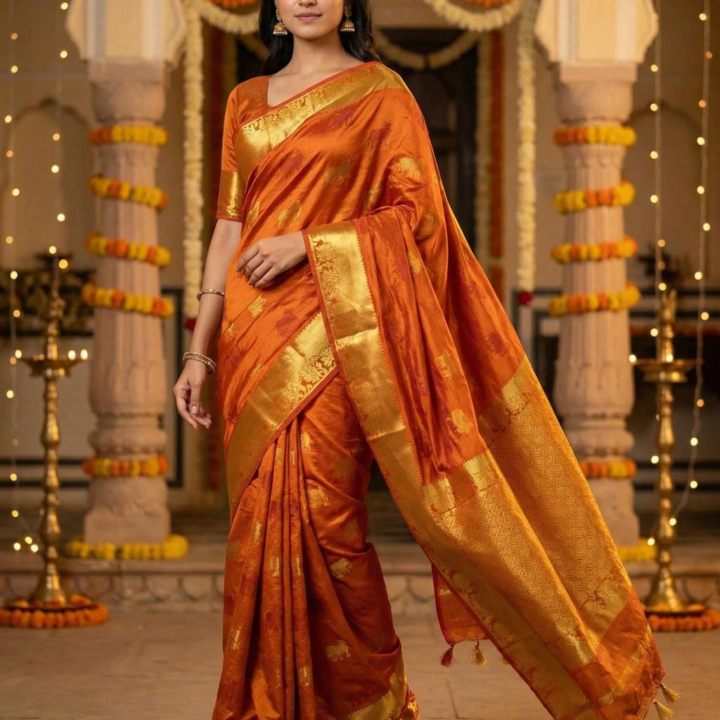 MIMOSA Women's Woven Design Banarasi Style Raw Silk Saree with Blouse Piece - Mustard ( SA00003136MSFREE )