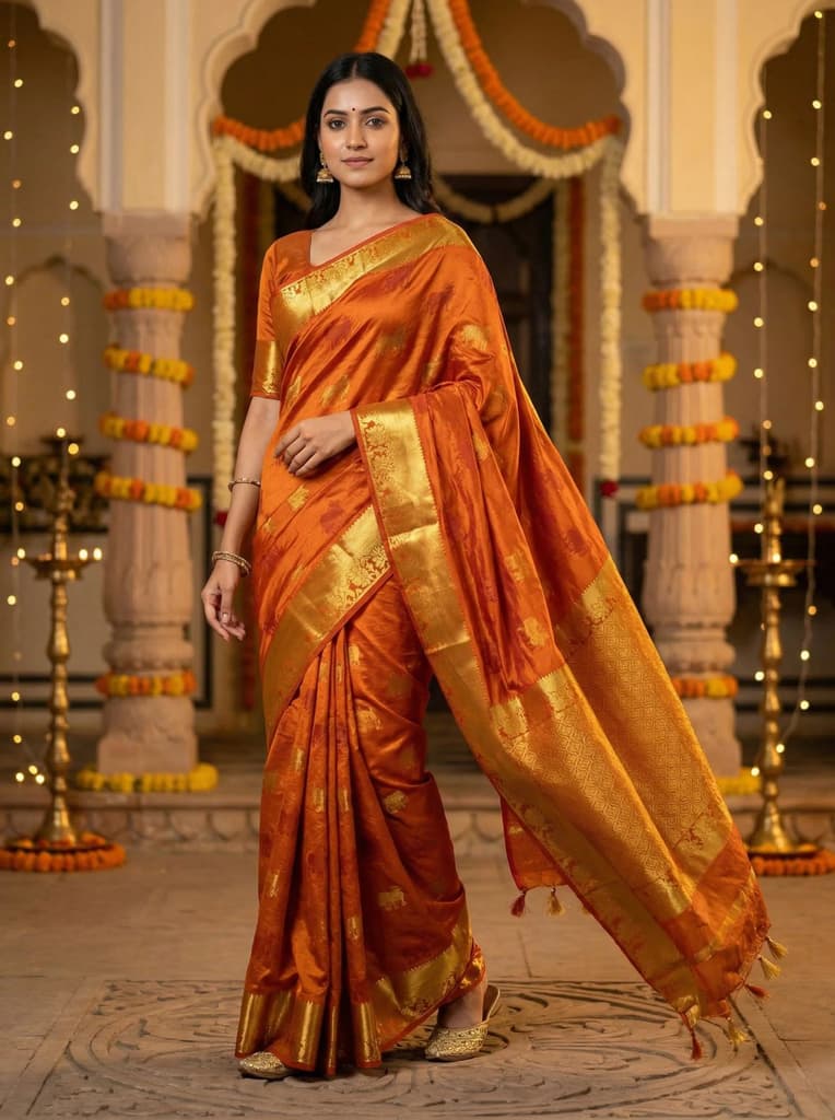 MIMOSA Women's Woven Design Banarasi Style Raw Silk Saree with Blouse Piece - Mustard ( SA00003136MSFREE ) — Default Title