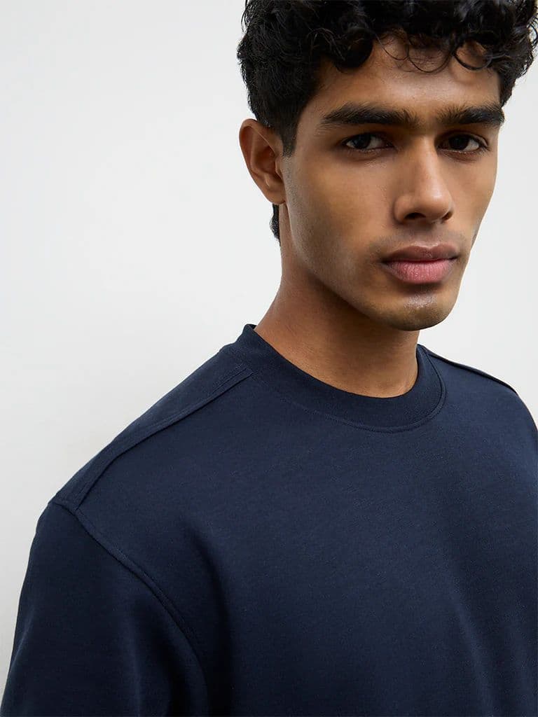 Nuoflexx Navy Solid Relaxed-Fit Cotton-Blend T-Shirt — photo 3