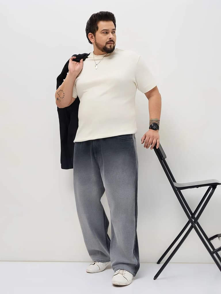 Plus Men's Dark Grey Loose Baggy Fit Heavy Washed Faded Denim Jeans Non-Stretchable — photo 4