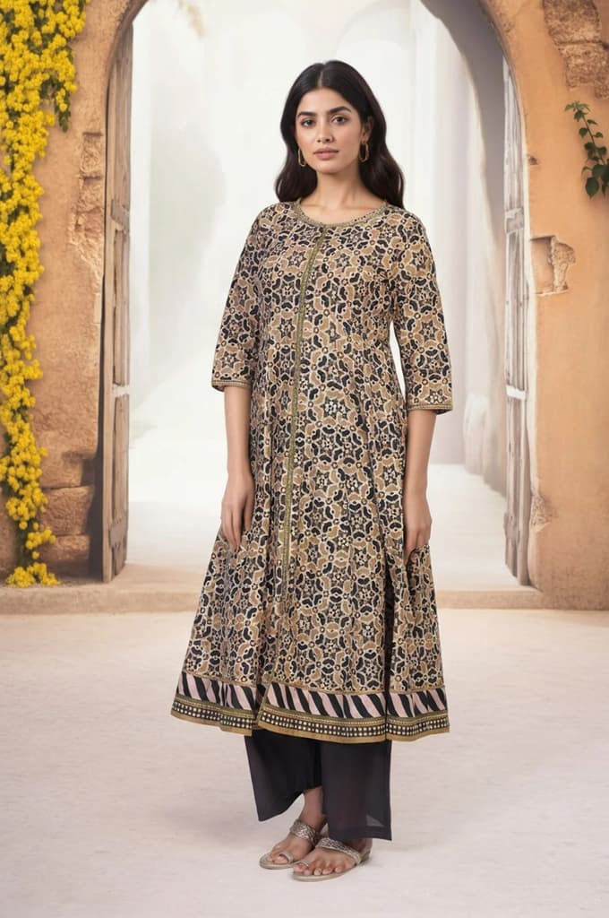 Beige Geometric Printed Embroidered Anarkali Cotton Kurta with Parallel Pant Set — photo 6