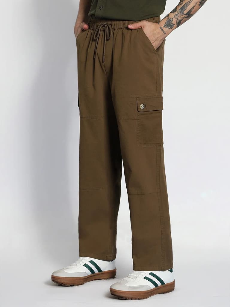 Men's Brown Loose Baggy Fit Cargo Jogger Chino Pant with 6 Pockets Stretchable — photo 3