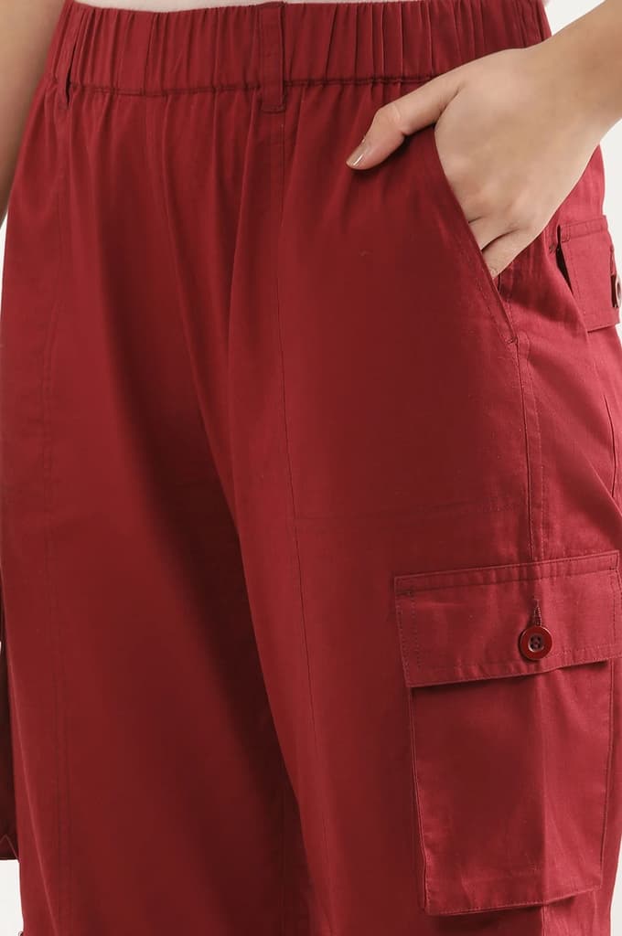 Red Solid Straight Fit Cotton Pants With Drawstring — photo 7