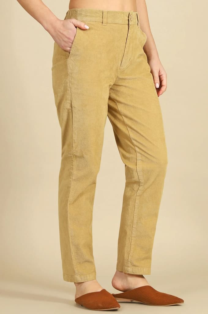 Beige Solid Straight Fit Cotton Pants with YKK Zipper — photo 5