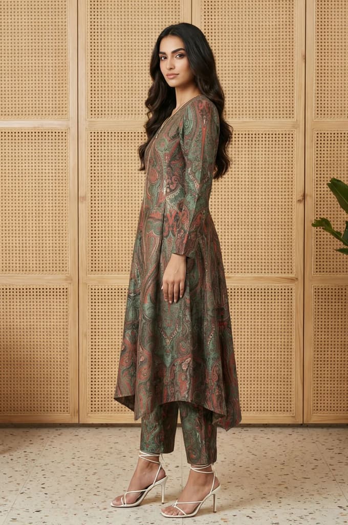 Green Paisley Mettalic Embroidered Pashmina Shimmer Anarkali Kurta with Straight Pants Set — photo 2