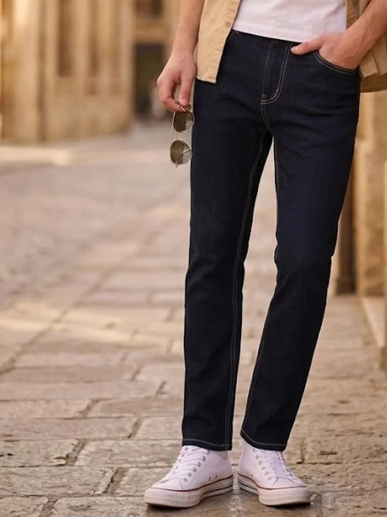Men's Dark Blue Straight Fit Raw Washed Denim Jeans Stretchable — 28 / Dark Blue