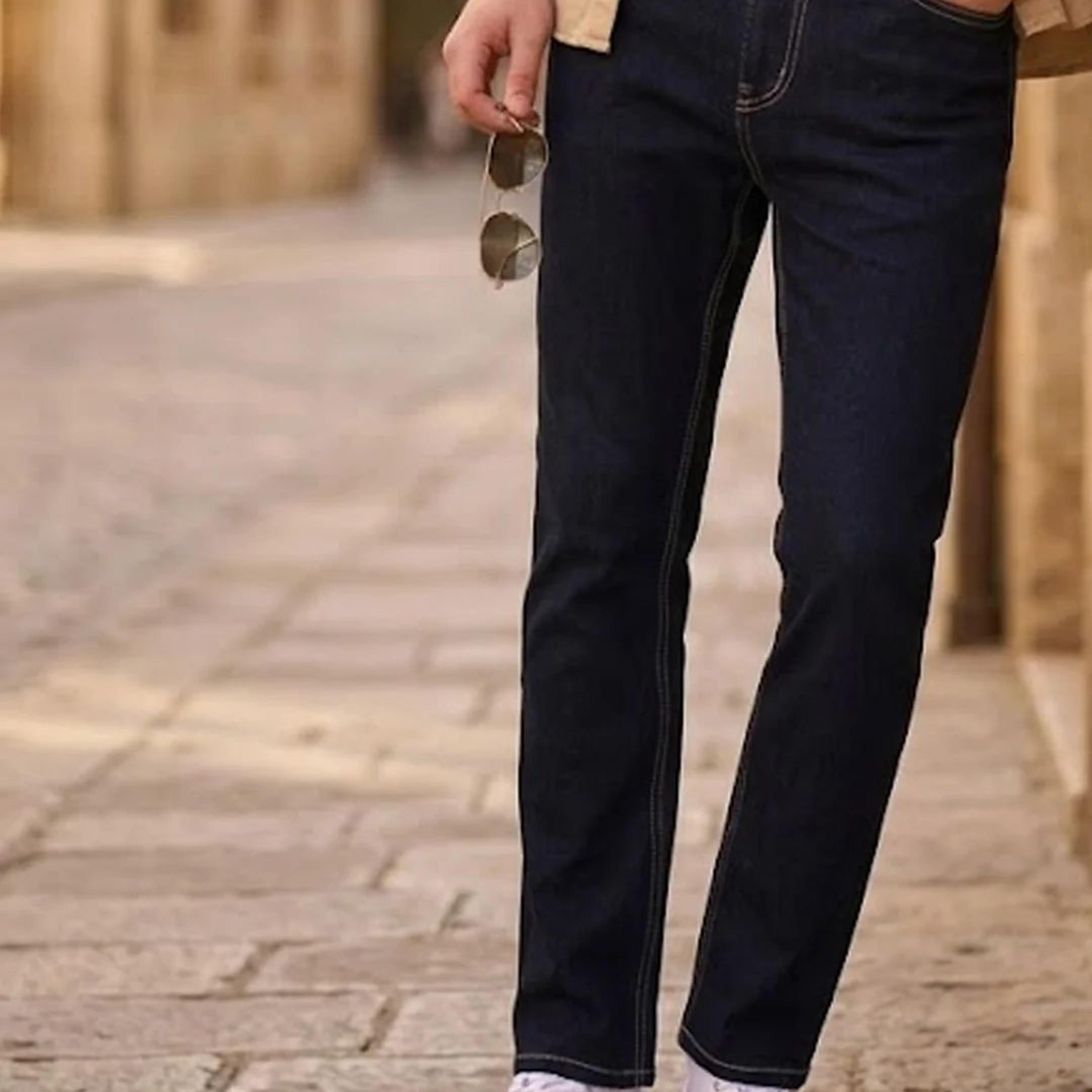 Men's Dark Blue Straight Fit Raw Washed Denim Jeans Stretchable