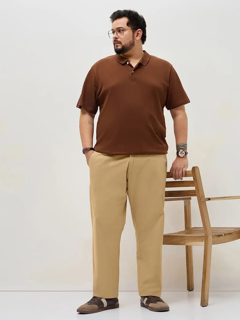 Plus Men's Beige Straight Fit Mid Rise Cotton Casual Chinos Trousers Stretch — photo 4
