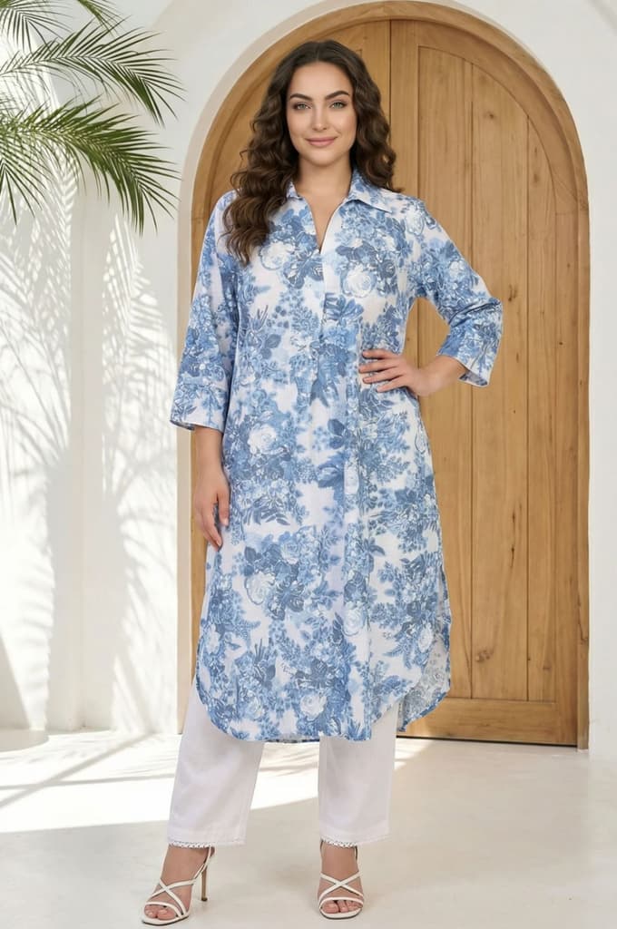 Blue Floral Printed Buttons Pure Cotton Straight Kurta — XS