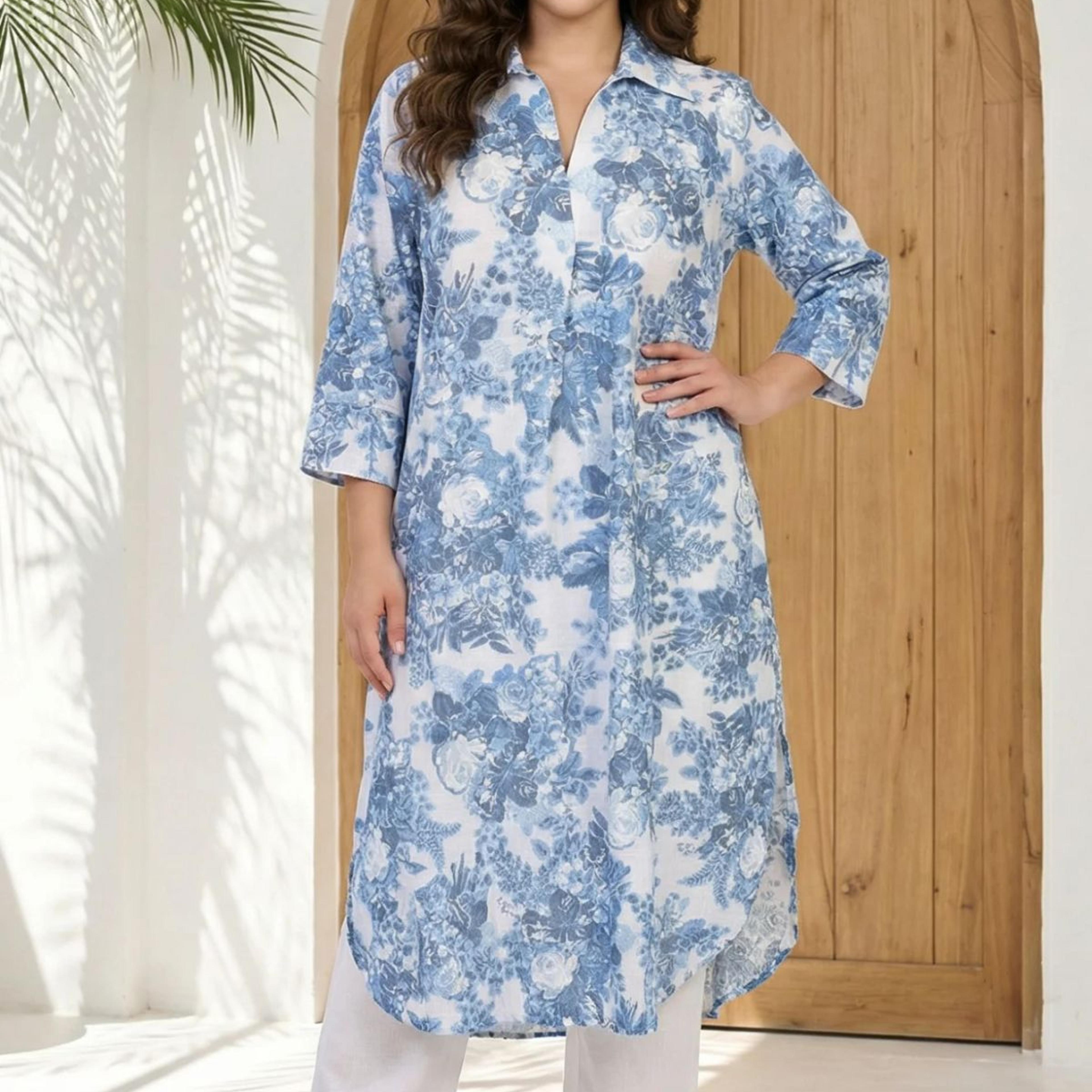 Blue Floral Printed Buttons Pure Cotton Straight Kurta
