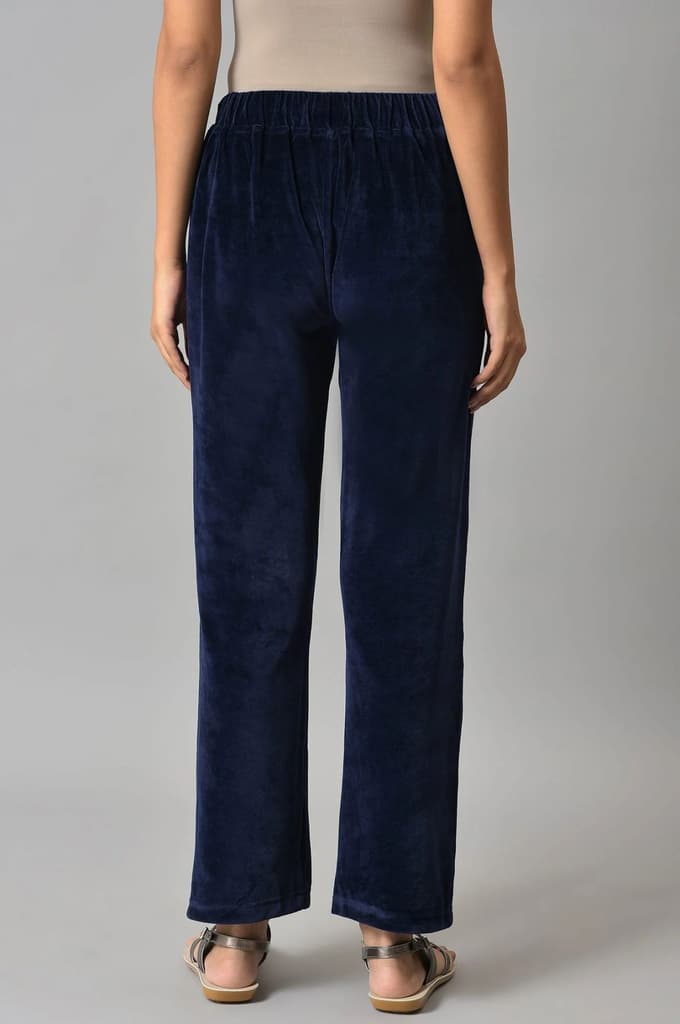 Navy Blue Solid Straight Fit Cotton Trousers With Elasticated Waist — photo 2