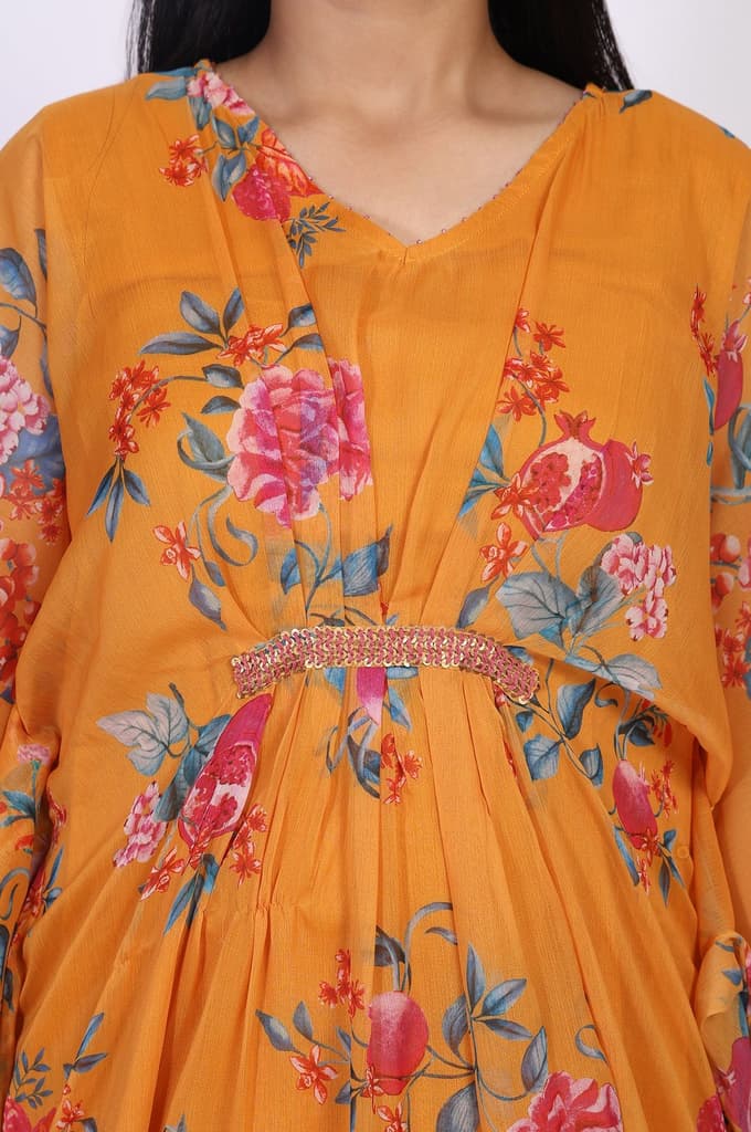 Orange Floral Printed Sequined Flared Chiffon Kaftan with Pant Set — photo 3