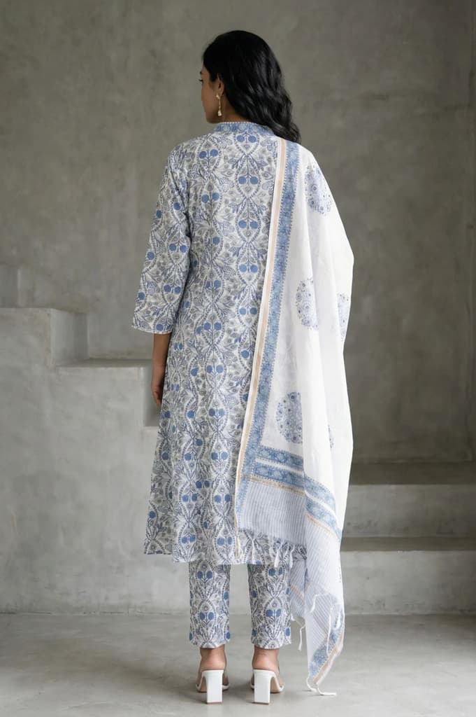 White Block Printed Pure Cotton Straight Kurta with Pants and Dupatta Set — photo 5