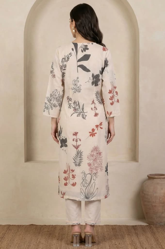 Cream Floral Printed Lace Chiffon Straight Kurta — photo 4