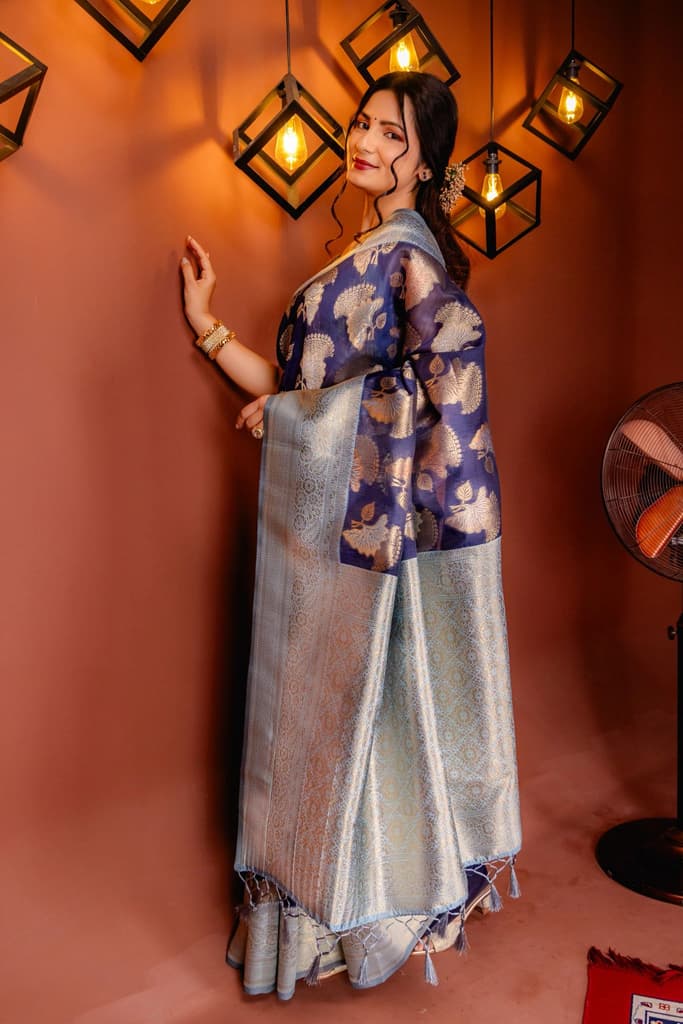 Mimosa Women's Woven Design Kanjivaram Style Art Silk Saree With Blouse Piece : SA00001735NVFREE — photo 6