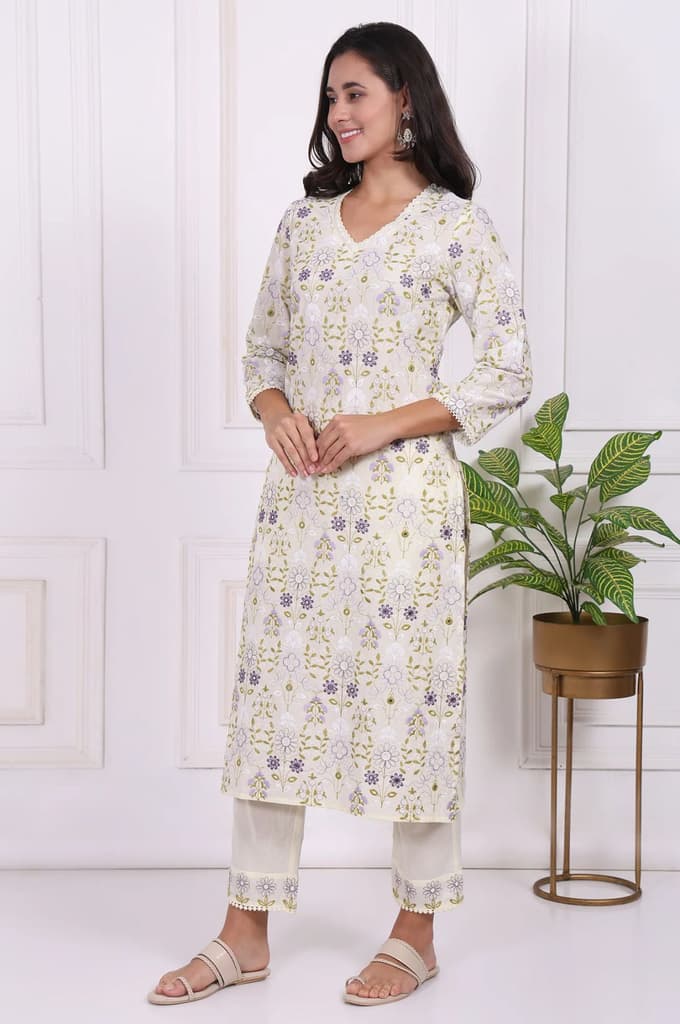 White Floral Printed Embroidered Pure Cotton Straight Kurta, Pants and Dupatta Set — photo 4