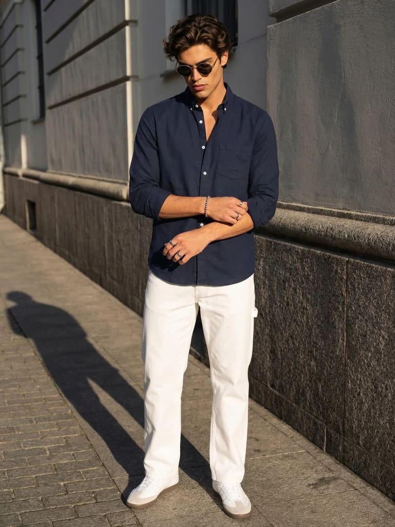 Men's Navy Cotton Full Sleeve Regular Fit Solid Oxford Shirt With Button-Down Collar — photo 4