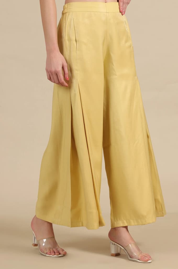 Yellow Solid Flared Rayon Palazzo With Pleats — photo 4