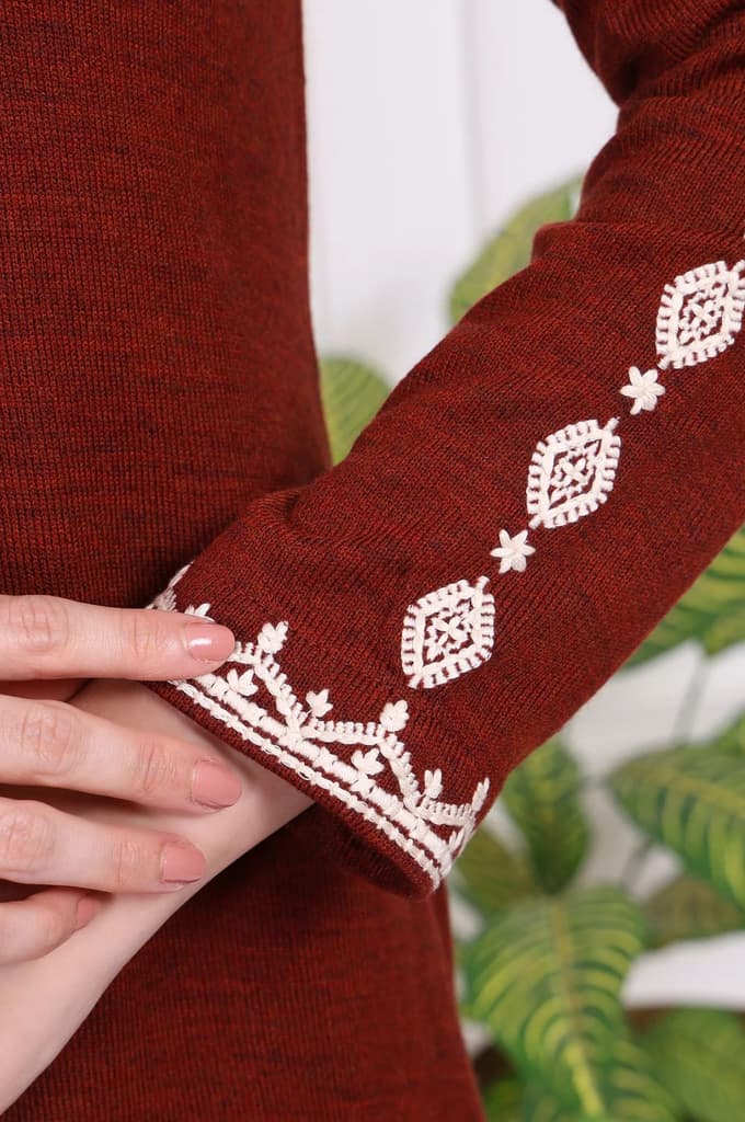 Rust Solid Thread Embroidered Acrylic Straight Tunic — photo 7