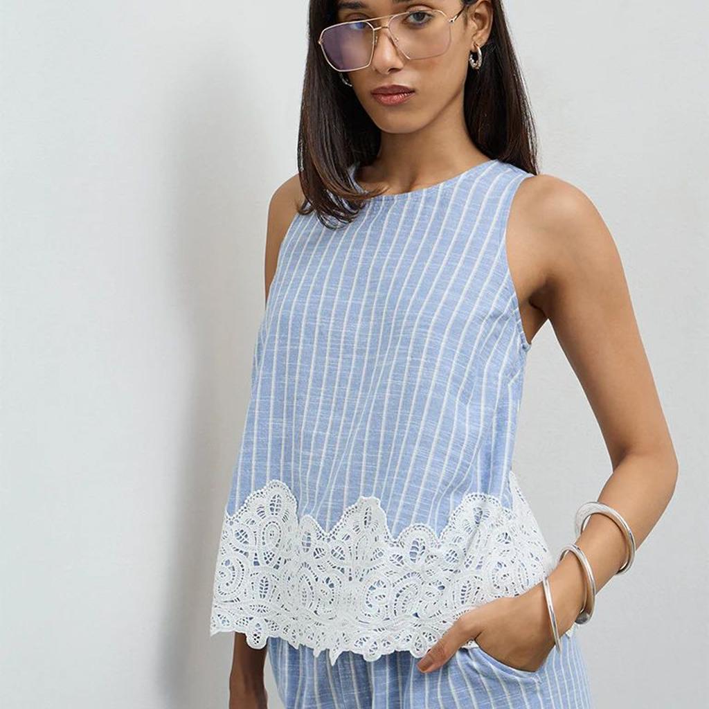 LOV Light Blue Striped Cotton Top